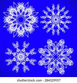 Vector Abstract Snow Flakes Collection Isolated on Blue Background.