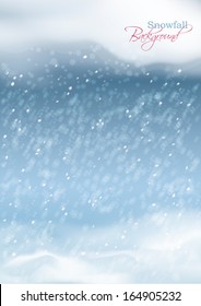 Vector abstract snowfall background with snowdrifts, night sky, clouds, snowflakes, bokeh, blurs on the dark blue backdrop. Falling snow winter season landscape