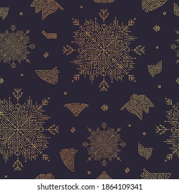 Vector abstract snowflake artdeco seamless pattern, christmas golden background. New year, xmas 