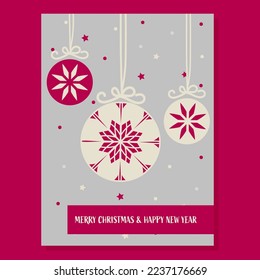 Vector abstracto copo de nieve Navidad bauble. Tarjeta de saludo de invierno congelada con punto de polka, estrellas de color beige magenta rojo gris. Invitación de Año Nuevo de Navidad, impresión de afiches de fiestas 