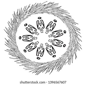 Vector Abstract snowflake of geometric shapes and pine tree wreath. Christmas. New Year card