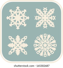Vector abstract snowflakes template, isolated on colored background with frame