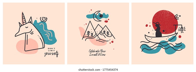Vector abstract social media post. Designs with doodle elements.Trendy Line Art apparel print collection with stars, planets and abstract elements. Colored decoration poster graphic designs