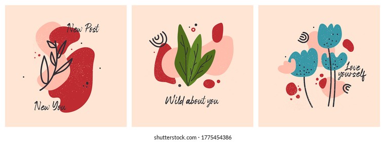 Vector abstract social media post. Designs with doodle elements.Trendy Line Art apparel print collection with stars, planets and abstract elements. Colored decoration poster graphic designs