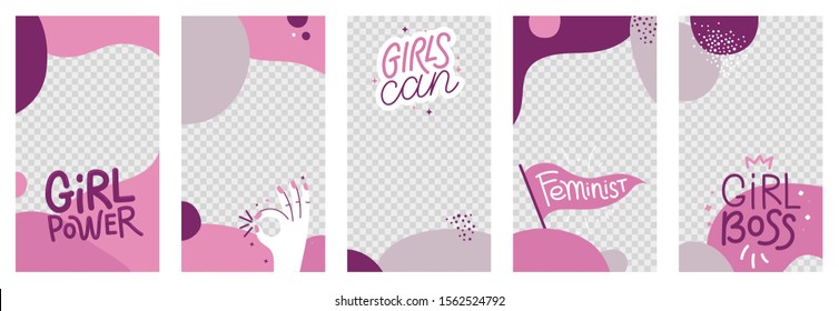 Vector abstract social media stories and post wallpapers with girl power badges and phrases - template with copy space for photo and text girls can and girl boss