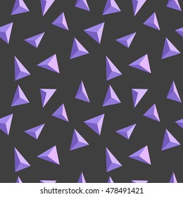 Vector abstract soft colored seamless pattern. Volumetric purple triangle. Texture. Shards. Modern background. Repeating geometric. Eps 8. Dark grey fond. 