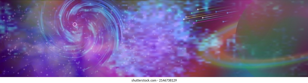 Vector abstract space blurry wide banner. Star universe with spiral galaxy and huge planet Saturn. Flying colored meteors