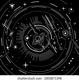 Vector abstract space illustration with star, planet and white line on black background