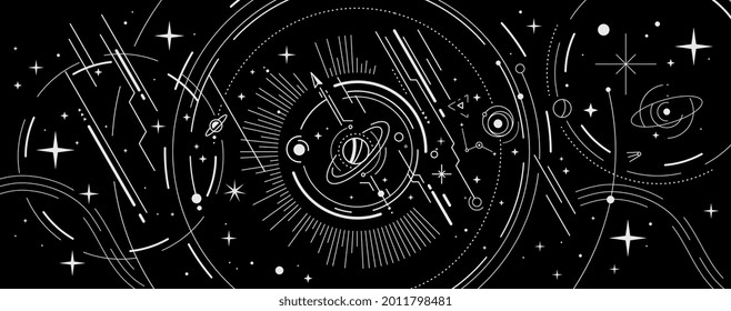 Vector abstract space illustration with star, planet and white color line on black background