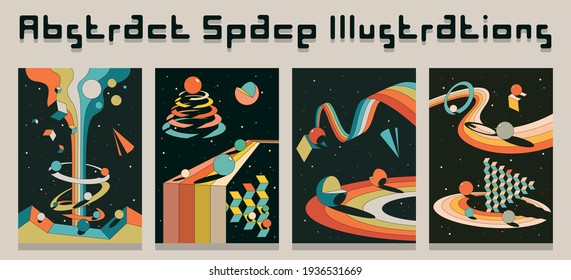 Ilustraciones de espacio abstracto vectorial, formas 3D, colores retro