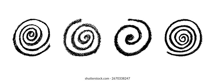 Vector abstract spiral collection in round spin motion. Crayon, pastel, chalk, and charcoal doodle squiggle style with liquid splash effect, school blackboard concept for kids and children art.