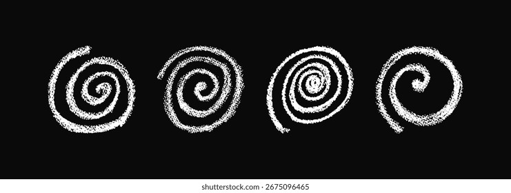 Vector abstract spiral collection in white round spin motion. Crayon, pastel, chalk, and charcoal doodle squiggle style with liquid splash effect, school blackboard concept for kids and children art.