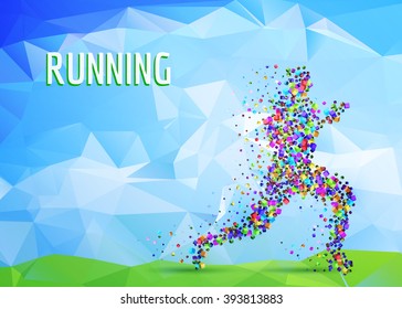 Vector abstract sprinter. Bright colorful illustration. Particles composed runner. 