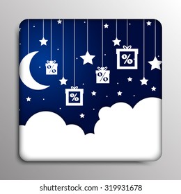 Vector abstract square frame. Good night on a dark blue sky with clouds and the elements paper star on a string
