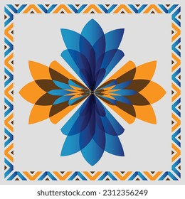 vector abstract square pattern, silk scarf design, fashion textile ornament Bandanna shawl, tablecloth fabric print, silk neck scarf, leaf blue and orange color.