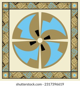 vector abstract square pattern, silk scarf design, border, fashion textile ornament Bandanna shawl, tablecloth fabric print, silk neck scarf, multi, star, color,  circle, bedsheet etc.