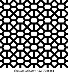 Vector abstract square seamless black pattern of pentagons and hexagons on white background.