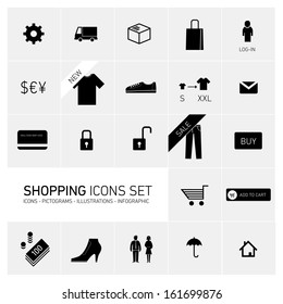 Vector abstract squares background illustration with icons, typography and pictograms of shopping | ready to place your content