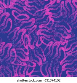 Vector Abstract Stippled Weird Hipster Seamless Pattern. Handmade Tileable Geometric Dotted Grunge Pink and Blue Solid Simple Retro Background. Bizarre Art Illustration