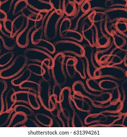 Vector Abstract Stippled Weird Hipster Seamless Pattern. Handmade Tileable Geometric Dotted Grunge Orange and Dark Blue Solid Simple Background. Bizarre Art Illustration