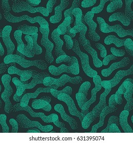 Vector Abstract Stippled Weird Hipster Seamless Pattern. Handmade Tileable Geometric Dotted Grunge Dark Green Solid Simple Background. Bizarre Art Illustration