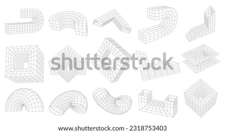 Vector Abstract Strange Geometric Wireframe 3D shapes. Perspective distorted grid, 3D Technology Mesh. Set of Different Linear elements inspired by brutalism, graphic design objects