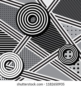 Vector abstract striped background with striped circles in black, grey  and white.