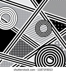 Vector abstract striped background with striped circles in black and white.