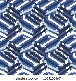 Vector Abstract Striped Pattern In Blue Nautical Colors. Bold Sporty Geometric Print With Marine Stripes For Sport Fashion And Sportswear. Seamless Background With Lines And Abstract Round Shapes