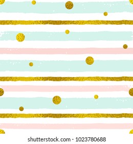 Vector abstract striped seamless pattern with golden circles. Decorative grunge background with green, pink and golden strips 