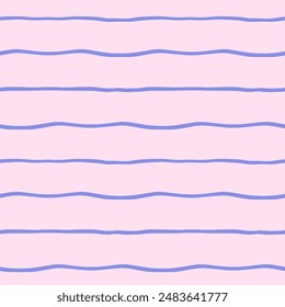 Vector abstract striped seamless pattern. Repeating background with blue curved horizontal lines in hand drawn style.