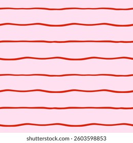Vector abstract striped seamless pattern. Repeating background with red curved horizontal lines in hand drawn style.