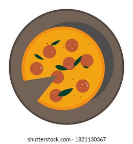 
vector abstract stylish pizza illustration in trending colors: green orange, yellow. Pizza margarita with spinach sausage. Food icon for restaurant, market