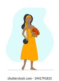 Vector abstract stylish woman in the sundress with bouquet of poppies. Cute graceful girl holdings flowers.