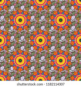 Vector abstract stylized colored mandala. Intricate colored Arabesque with on a neutral, black and orange colors.