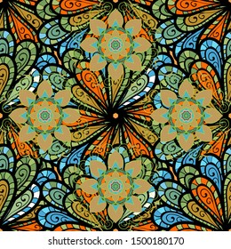 Vector abstract stylized colored mandala. Intricate colored Arabesque with on a beige, green and black colors.