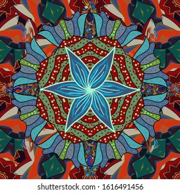 Vector abstract stylized colored mandala. Intricate colored Arabesque with on a brown, red and blue colors.