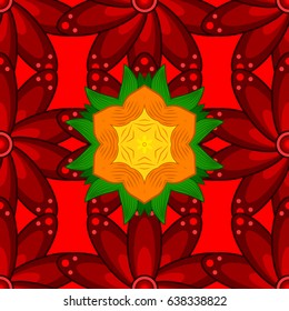 Vector abstract stylized colored mandala. Intricate colored Arabesque with on a red background.