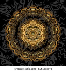Vector abstract stylized golden mandala. Intricate Golden Arabesque with on a black background.