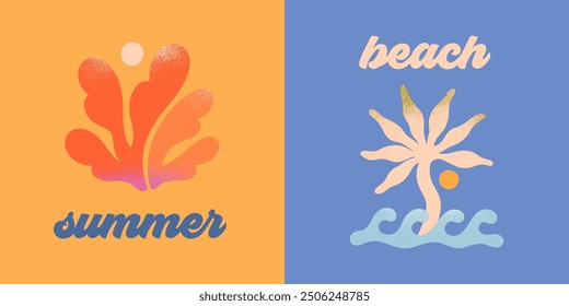 Vector abstract summer beach,surf club emblems.Hand drawn coral or organic form,ocean waves,palm and sun.Modern graphic in simple style for banners,smm,covers,prints.Retro summer vacation aesthetic