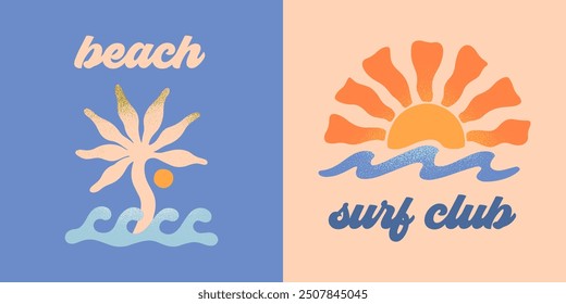 Playa abstracta del verano del Vector, emblemas del club del surf. Palmera dibujada a mano, océano o olas del mar con el sol. Gráfico moderno en estilo simple ingenuo para los Anuncios, smm, marca, cubiertas, impresiones. Estética de vacaciones de verano retro