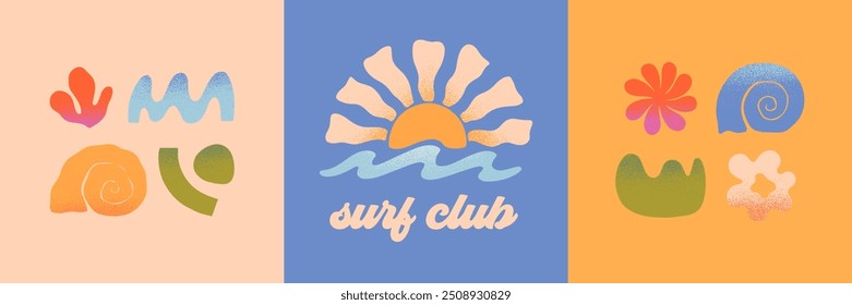 Playa abstracta del verano del Vector, emblemas del club del surf. Concha dibujada a mano, coral, olas del océano con el sol. Gráfico moderno en estilo simple para los Anuncios, smm, marca, cubiertas, impresiones. Estética retro de las vacaciones de verano