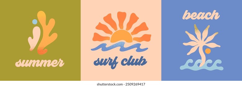 Playa abstracta del verano del Vector, emblemas del club de surf. Coral dibujado a mano, palma, olas del océano con el sol. Gráfico moderno en estilo simple para los Anuncios, smm, marca, cubiertas, impresiones. Estética retro de las vacaciones de verano