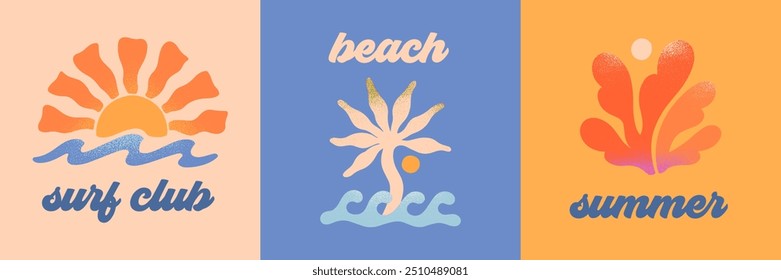 Vector abstract summer beach,surf club emblems.Hand drawn coral,palm,ocean waves with sun.Modern graphic in simple style for banners,smm,branding,covers,prints.Retro summer vacation aesthetic