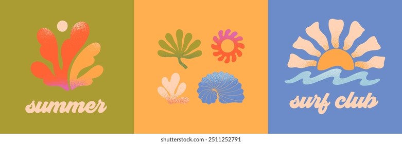 Playa abstracta del verano del Vector, emblemas del club del surf. Concha dibujada a mano, palma, coral, olas del océano con el sol. Gráfico moderno en estilo simple para los Anuncios, smm, marca, cubiertas, impresiones. Estética retro de las vacaciones de verano