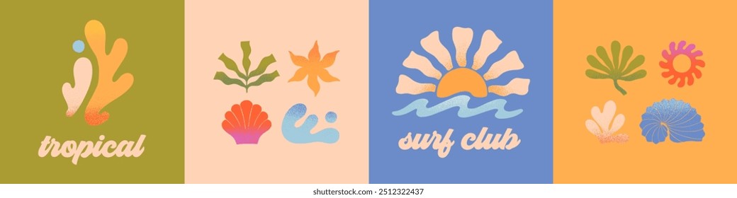 Playa abstracta del verano del Vector, emblemas del club de surf. Coral dibujado a mano, palma, olas del océano con el sol. Gráfico moderno en estilo simple para los Anuncios, smm, marca, cubiertas, impresiones. Estética retro de las vacaciones de verano