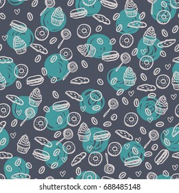 Vector abstract summer colored  seamless pattern with coffee and sweets