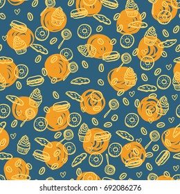 Vector abstract summer colored  seamless pattern with coffee and sweets