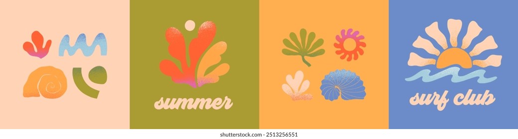 Vector abstract summer emblems.Hand drawn palm,sun,coral,seashell,wave.Modern graphic in simple style for banners,smm,branding,packaging, covers,prints.Summer vacation aesthetic
