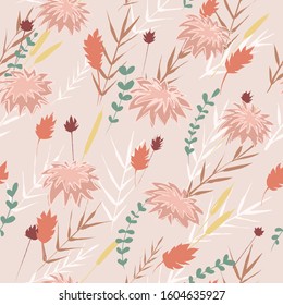 Vector abstract summer floral colored seamless pattern with  beige wildflowers for wrapping paper, fabrics and prints